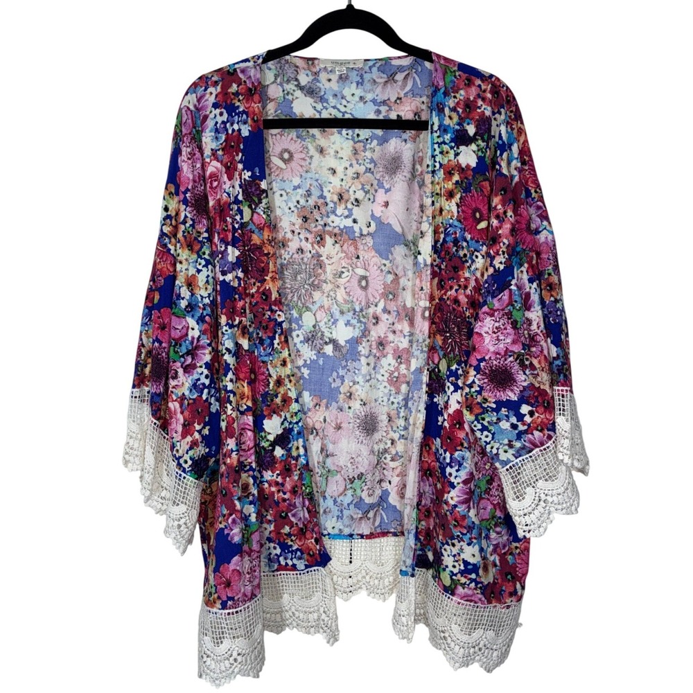 Umgee 1X‎ Floral Duster Kimono Cardigan Blue Crochet Trim Boho Fairycore Gypsy